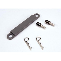 Battery hold-down plate (grey) / metal posts (2) / body clip, TRX3727A