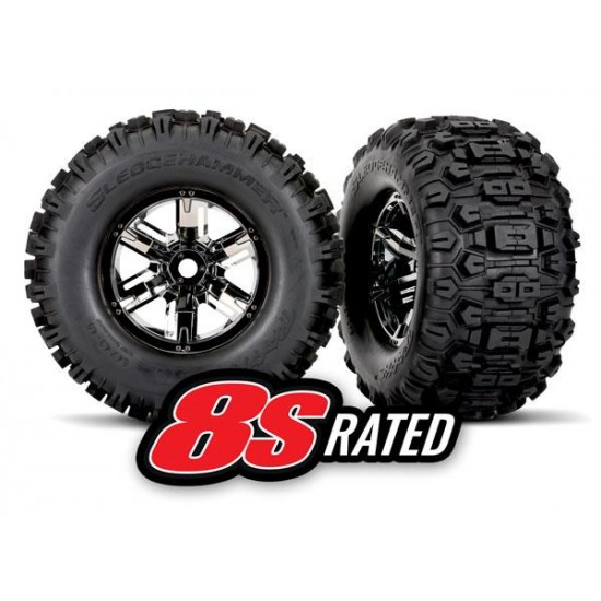 Tires & wheels, assembled, glued (X-Maxx® black chrome wheels, Sledgehammer® tires, foam inserts) (left & right) (2)