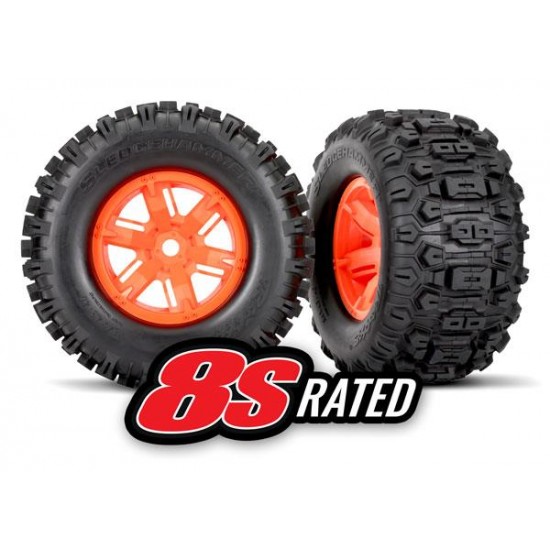 Tires & wheels, assembled, glued (X-Maxx® orange wheels, Sledgehammer® tires, foam inserts) (left & right) (2)