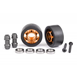 Wheels, wheelie bar, 6061-T6 aluminum (orange-anodized) (2)/ axle, wheelie bar, 6061-T6 aluminum (2)/ 10x15x4 ball bearings (4)