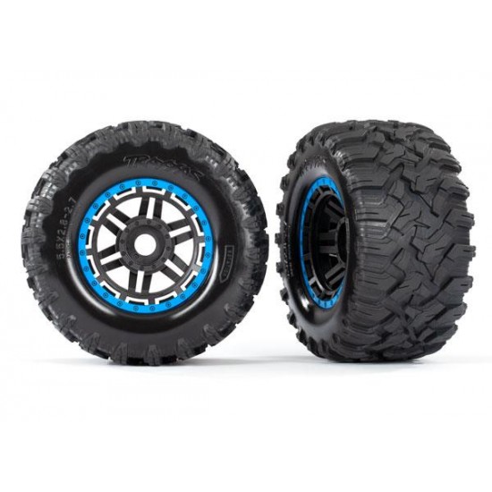 Tires & wheels, assembled, glued (black, blue beadlock style wheels, Maxx MT tir