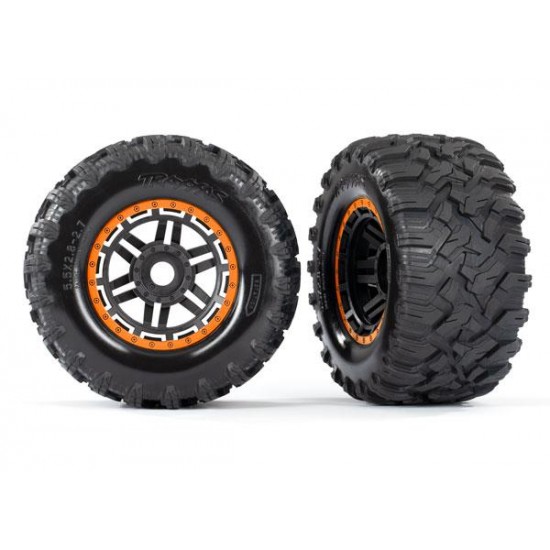 Tires & wheels, assembled, glued (black, orange beadlock style wheels, Maxx MT t