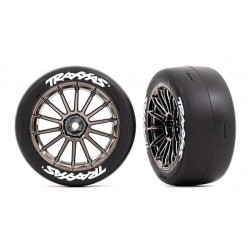 Tires and wheels, assembled, glued (multi-spoke black chrome wheels, 2.0' slick tires with Traxxas logo, foam inserts) (front) (2) (VXL rated)