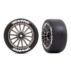 Tires and wheels, assembled, glued (multi-spoke black chrome wheels, 2.0' slick tires with Traxxas logo, foam inserts) (rear) (2) (VXL rated)