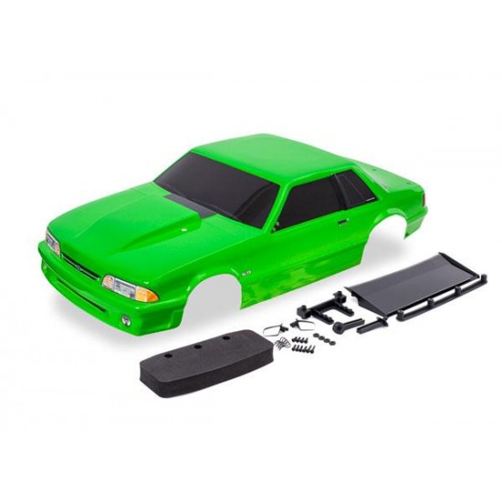 Body, Ford Mustang, Fox Body, green (painted, decals applied) (includes side mirrors, wing, wing retainer, rear body mount posts, foam body bumper, & mounting hardware)