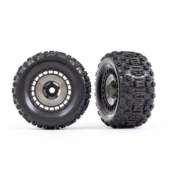 Tires and wheels, assembled, glued (3.8' black wheels, gray wheel covers, Sledgehammer tires, foam inserts) (2)