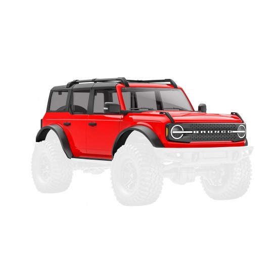 Body, Ford Bronco (2021), complete, red (includes grille, side mirrors, door handles, fender flares, windshield wipers, spare tire mount, & clipless mounting)